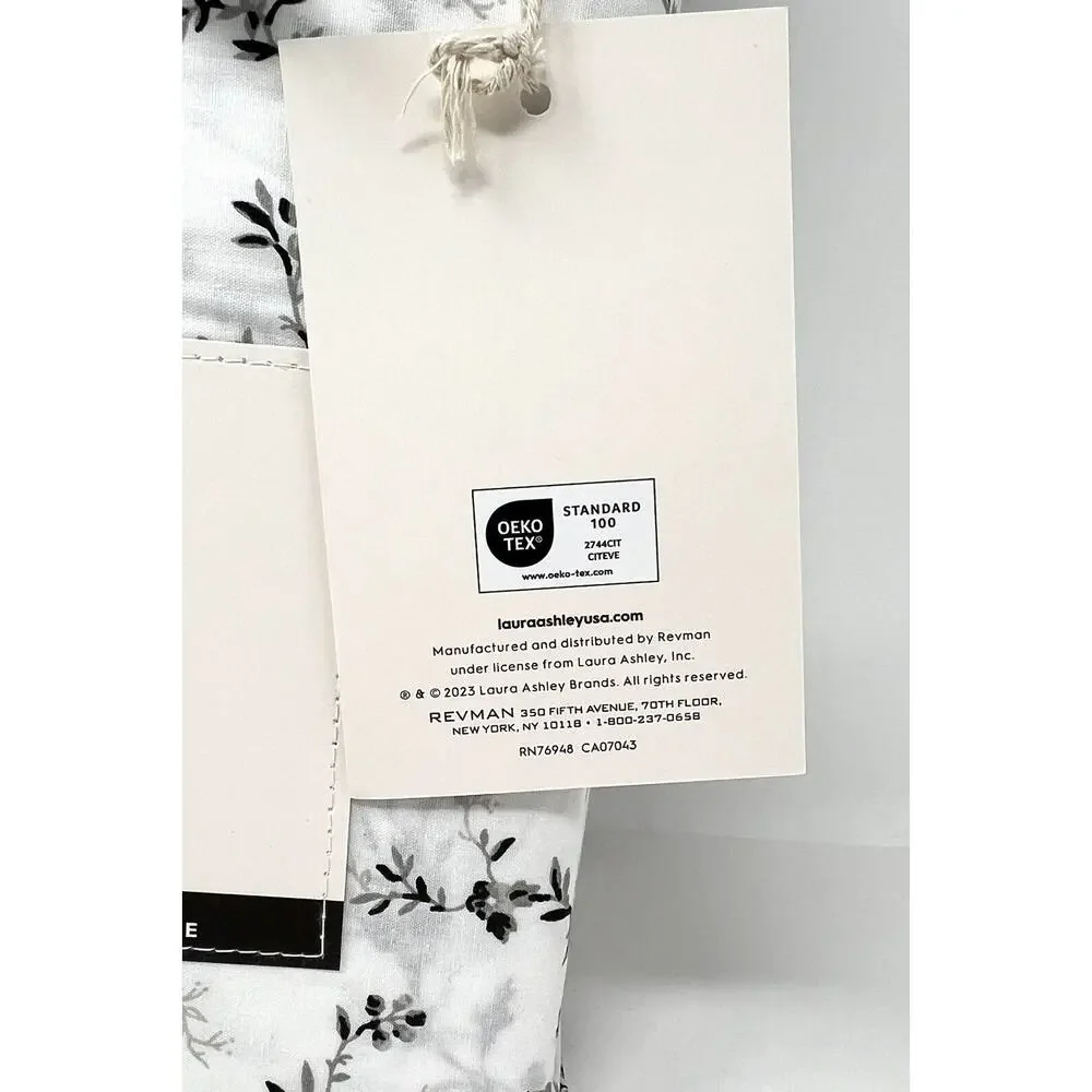 Laura Ashley Percale Cotton KING Sheet Set BLACK White SARAHS SPRIG 4 Pcs. NWT